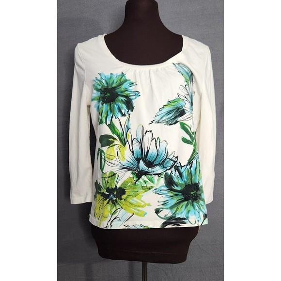 Talbots‎ Petites Ivory Multi Floral 3/4 Sleeve Scoop Neck Semi Fitted Top PM - Picture 1 of 8